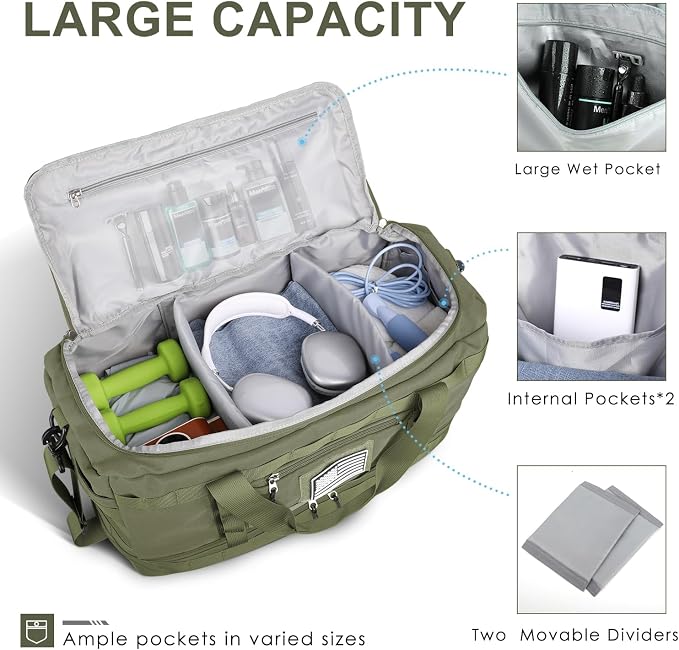 Gym Bag for Men Women, Carry on Luggage 22x14x9 Airline Approved Duffle Bag | Tactical Travel Bags with Toiletry Bag and Shoe Compartment, Weekender Overnight Duffel with Wet Pocket for Workout, Green