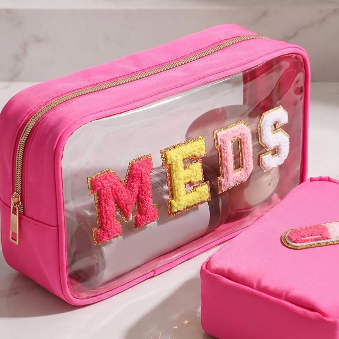 Hillban 2 Pcs Medicine Bag Chenille Letter Patch Meds Bags Travel Cases Preppy Clear Nylon Portable Makeup Bags Zipper Cosmetic Toiletry Storage for Women PVC Transparent Mini First Aid Bag(Lovely)