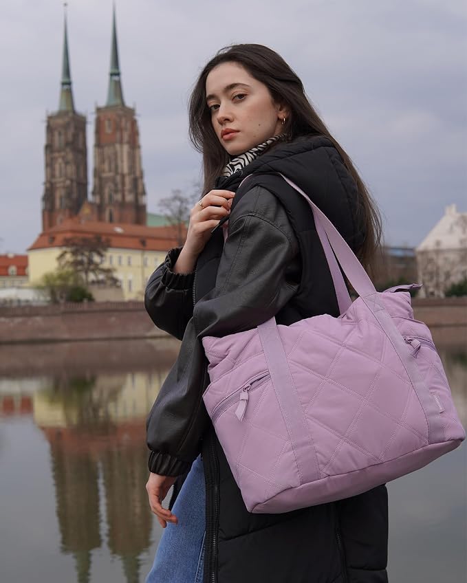 BAGSMART Crush Tote Bag for Women, 20L Puffer Work Tote with Zipper | Quilted Nurse Hospital Bag For Travel College Gym