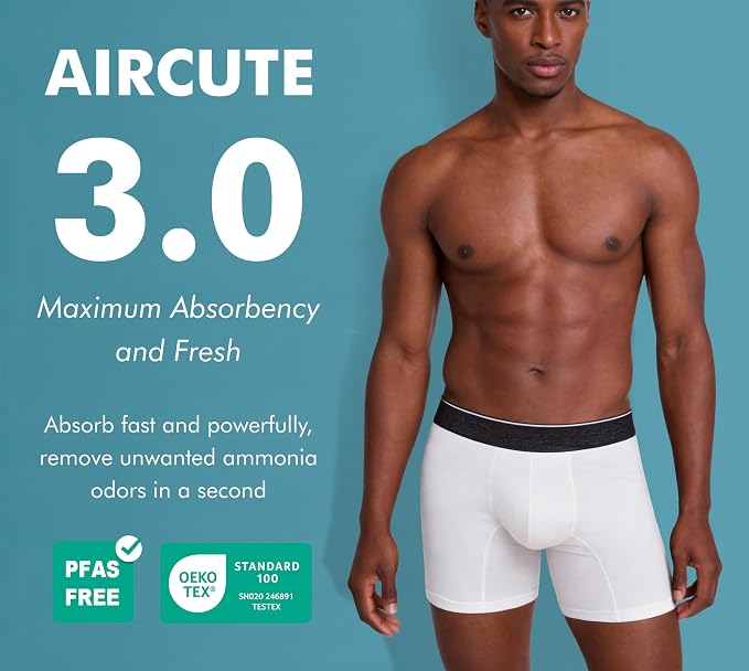 AIRCUTE Washable Absorbency Incontinence Underwear for Men, 6" Inseam Urinary Protective Boxer Briefs for Bladder Leaks 60ML (Large, White)