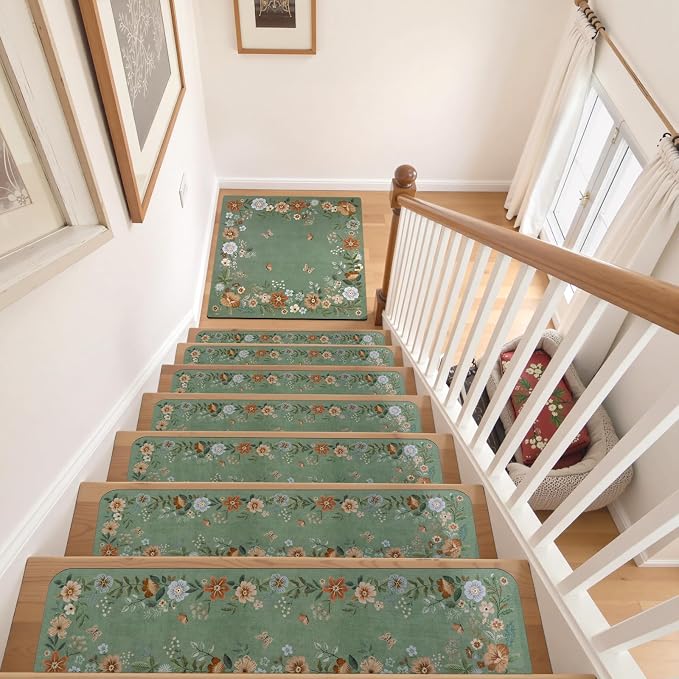 OJIA Floral Stair Treads Non-Slip Landinging Mat 31"x31" Stair Runner | Square Carpet Stair Treads for Wooden Steps Indoor Rubber Backing Anti-Slip Stair Matching Mat Stair Rugs, Green