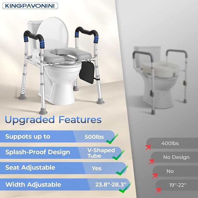 KingPavonini Raised Toilet Seat with Handles for Elderly, 500 lbs Capacity | Adjustable Height & Width, Toilet Seat Risers for Seniors, Handicap & Pregnancy Bathroom Safety, Fits Any Toilet