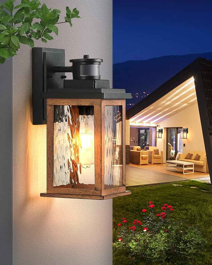 VIANIS Dusk to Dawn Outdoor Lighting for House, Outdoor Lights Fixture, E26 | Lantern with Waterproof, Anti-Rust 100%, Weather Resistant, Wood Grain Motion Sensor Garage Light Sconce Wall Mount, 2 Packs