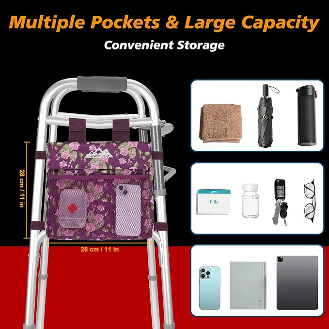 supregear Walker Side Bag, Water Resistant Accessory Basket Pouch for Folding Walkers, Lightweight Hand Free Storage Carrier Tote, Universal Size Seniors Caddy Attachment, Floral Purple