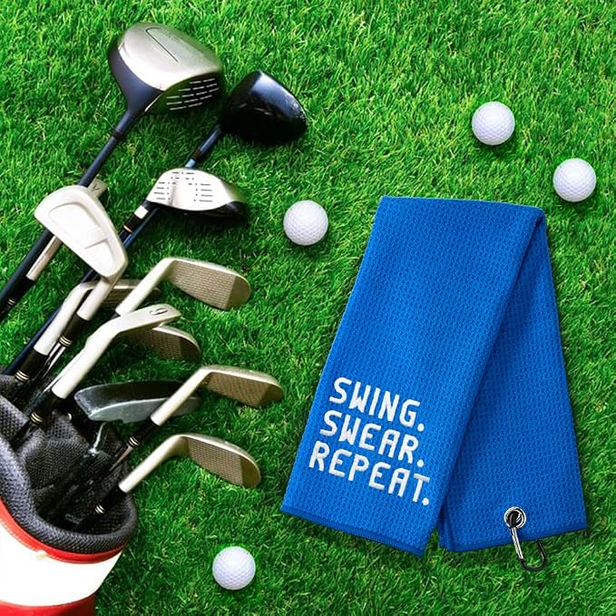 DYJYBMY Swing Swear Repeat Blue Golf Towel with Clip, Funny Golf Accessories for Men Women, Father's Day Birthday Appreciation Gifts for Grandpa Dad Uncle Husband, Retirement Golfing Gifts for Family