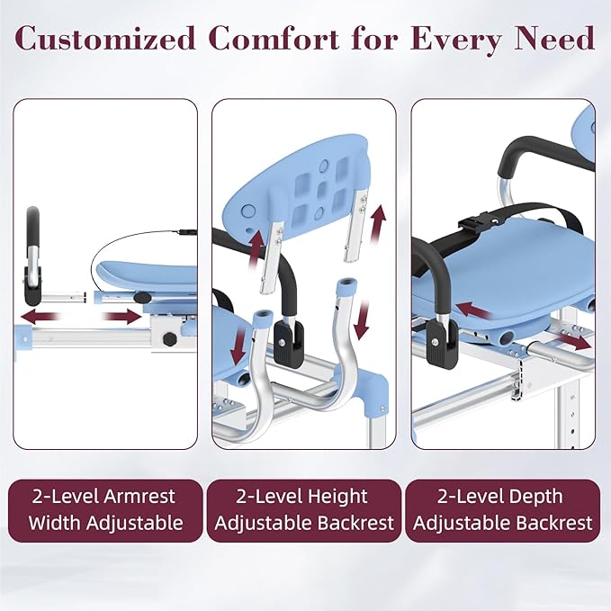 Sliding Shower Chair with 360°Swivel Seat, Adjustable Height & Backrest Shower Chair Tub Transfer Bench with Safety Belt, Pivoting Armrests Swivel Shower Chair for Elderly, 330 Lb Capacity Blue