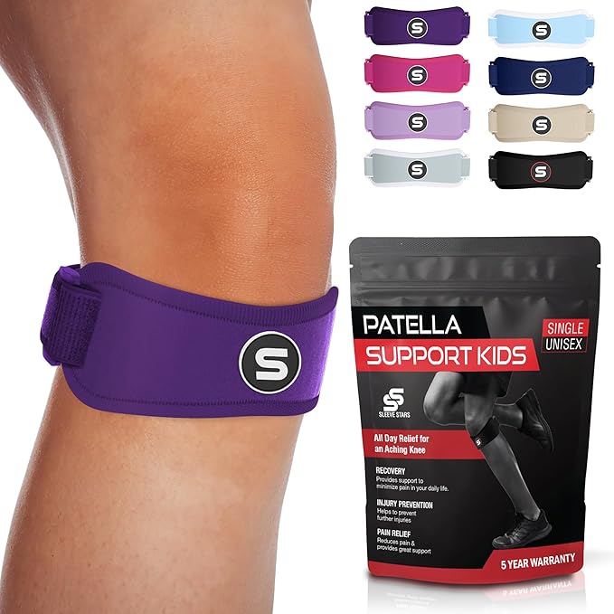 Sleeve Stars Swedish Brand Patellar Tendon Support Strap for Women & Men Effective Osgood Schlatter Knee Brace Youth & Kids Knee Brace with 3 Adjustable Length fits 7"-15" (Single/Dark Purple/Kids)