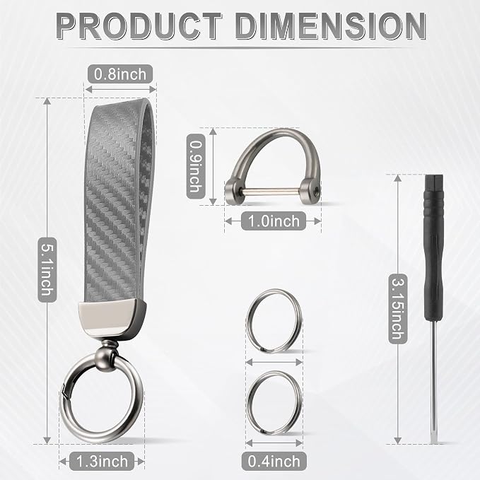 JUSTTOP Leather Keychain, Carbon Fiber Car Key Chain with Anti-Lost D-Ring and 2 Key Ring, Keychain Wristlet, Car Accessories, Universal Keychain for Men and Women (Grey)