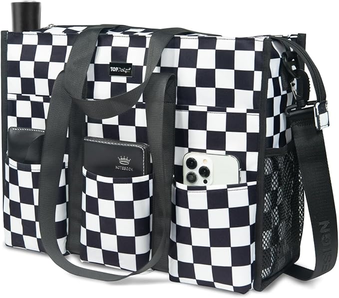 TOPDesign Utility Water Resistant Tote Bag with 22 Pockets, Top Zipper Closure & Thick Bottom Support, for Working Women