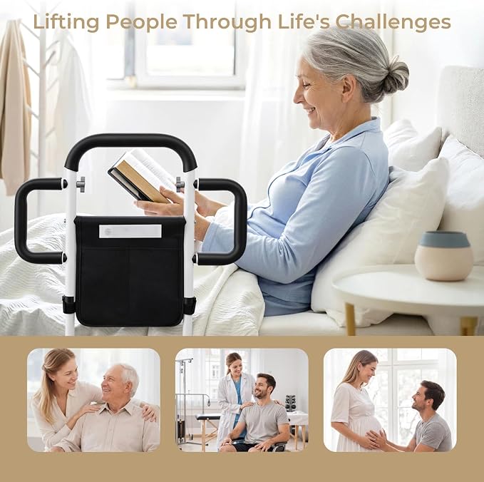Bed Rails for Elderly Adults Safety, for 400Lbs, White | Bed Rail for Seniors with Motion Sensor Light, Height Adjustable Bed Assist Bar, Non-Slip Handle, Storage Bag
