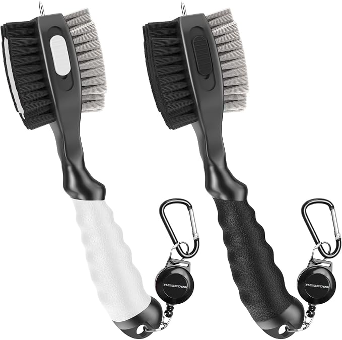 THIODOON 2 Pack Golf Club Brushes and Groove Cleaner 2 ft Retractable Zipline Carabiner Golf Brush Head with Retractable Spike Comfortable Grip Golf Club Cleaner