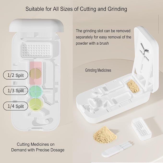 Precision Pill Cutter with Centering Guide - Multi-Angle Tablet Splitter for 1/2, 1/3 & 1/4 Cuts, Includes Pill Crusher & Storage Compartment (Pink)