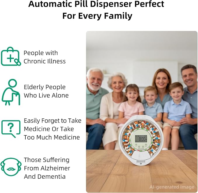 EziMedPil Automatic Pill Dispenser with Ergonomic Lid Design for Seniors | Easy Use Top Key Lock, 9 Daily Alarms & Sound-Light Reminder, Large LCD & Clear Lid Monitoring for Dementia & Senior Care