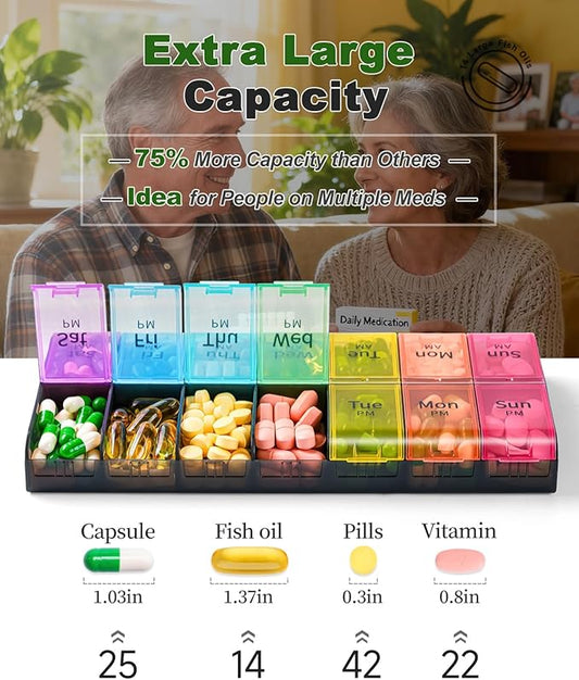 Colorwing Extra Large Pill Organizer 2 Times a Day, Weekly XL AM PM Pill Case, 7 Day Pill Box Twice a Day, Oversized Daily Medicine Pill Organizer for Vitamin, Big Pill Container, Medication Dispenser