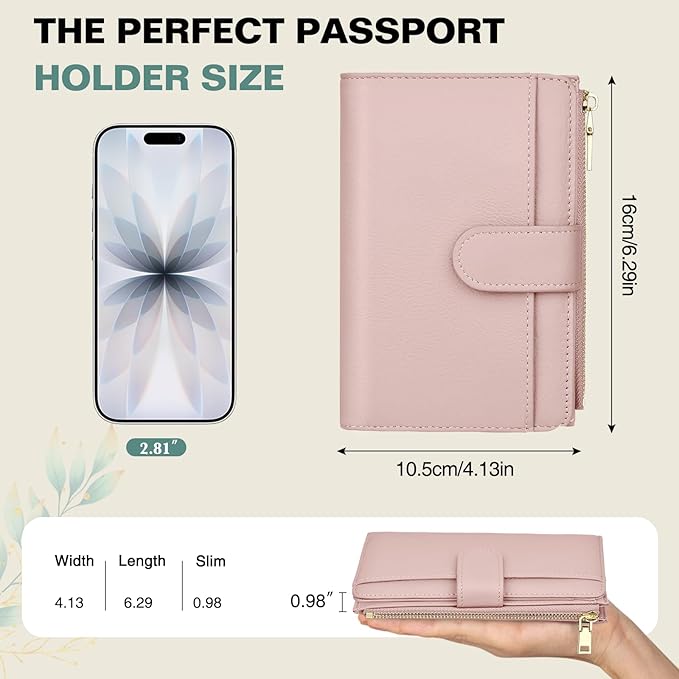RFID Passport Holder for Travel, Leather Passport Wallet Cover with Airtag | with Airtag Slot, Card Cash Holders, Zippered Coins Pocket, for Women/Men, Gift Box, Travel Essentials, 4.1"L x 1"W x 6.3"H