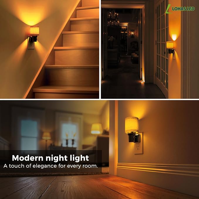 L LOHAS LED Night Lights Plug into Wall,Linen Fabric Cylinder Night Light | Dusk to Dawn Sensor Vintage Nightlight, Amber Warm Light 0-100LM Dimmable, Decor for Bedroom Living Room Hallway