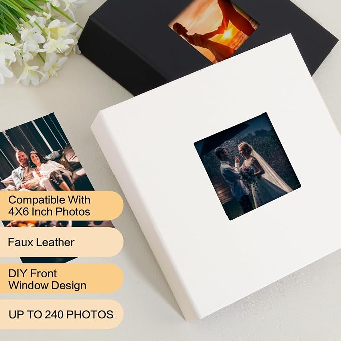 4x6 Photo Album Holds 240 Photos with Writing Space, Leather Cover Picture Book with Front Window for Family Wedding Baby Travel & Graduation Memories, White