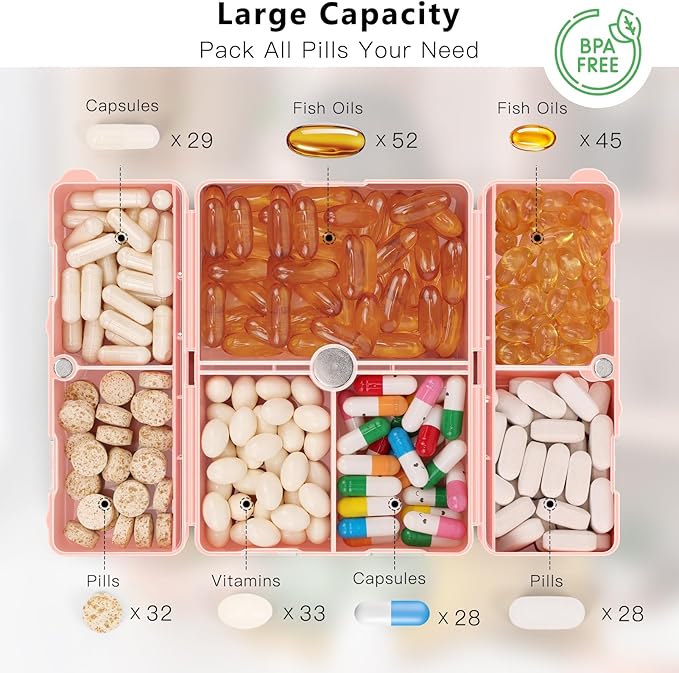 FYY 2 Pcs Daily Pill Organizer, 7 Compartments Portable Pill Case Travel Pill Organizer,[Folding Design] Pill Box for Purse Pocket to Hold Vitamins,Cod Liver Oil,Supplements and Medication-Navy+Pink