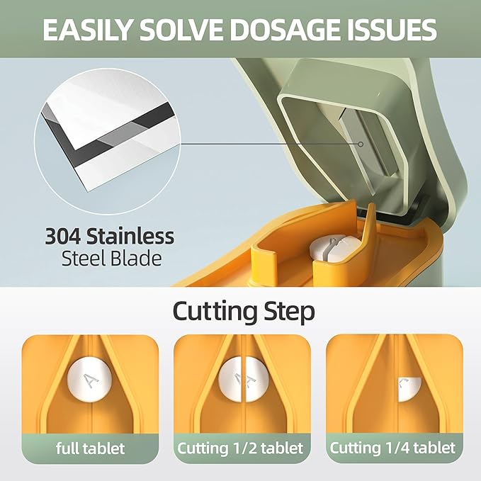 Pill Cutter Splitter for Small and Tiny Pills - 1/2 Accurately Cuts -Easy Open Snap Button.Wrap-Around Blade Guard Prevents Cuts. Detachable V-Shaped Pad. Back Storage(Green)