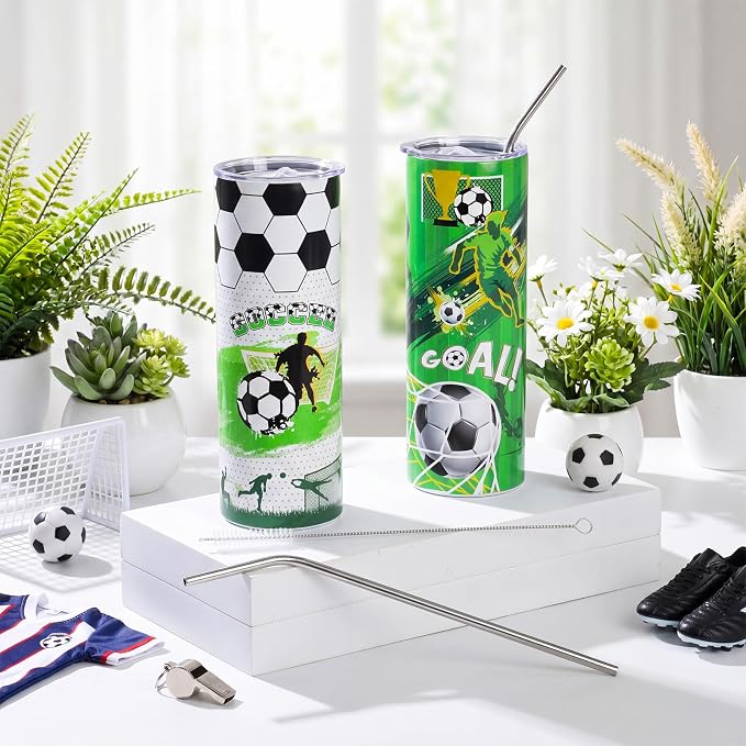 Geiserailie 2 Pack Soccer Tumbler Cups Gifts 20 oz Insulated Stainless Steel Sports Travel Mug with Lids Straws for Christmas Father's Day Men Dad Soccer Lovers Fans