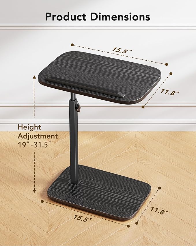 HUANUO TV Tray with Height Adjustment, 360° Swivel, 90° Tilt, Black | 19"–31.5" Height Range, Dual Knobs & Crossbeam for Stability, Anti-slip Bar, Foldable, for Eating & Working Beside Sofa, Bed