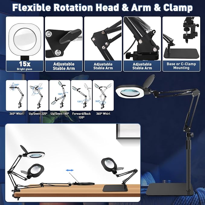 Magnifying Glass with Light and Stand,15x 3in1 Magnifying Lamp, 5 Color Stepless Dimmable,80 Led Desk&Floor Lamp with Lighted Magnifying Glass,Hands Free Magnifying Glasses for Close Work