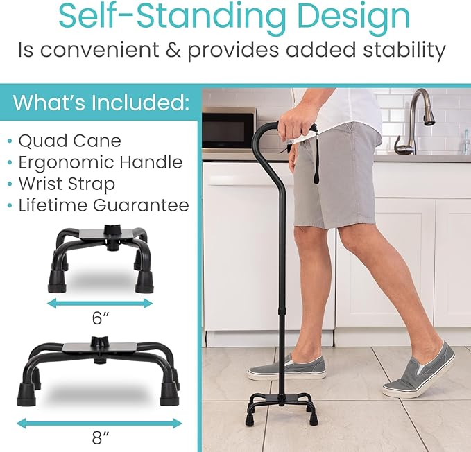 Vive Quad Cane - Walking Stick for Men and Women - Lightweight Adjustable Staff - Comfortable Right and Left Hand Grip for Stability Support - Four Prong Sturdy Aluminum Travel Aid - 4 Tip Black