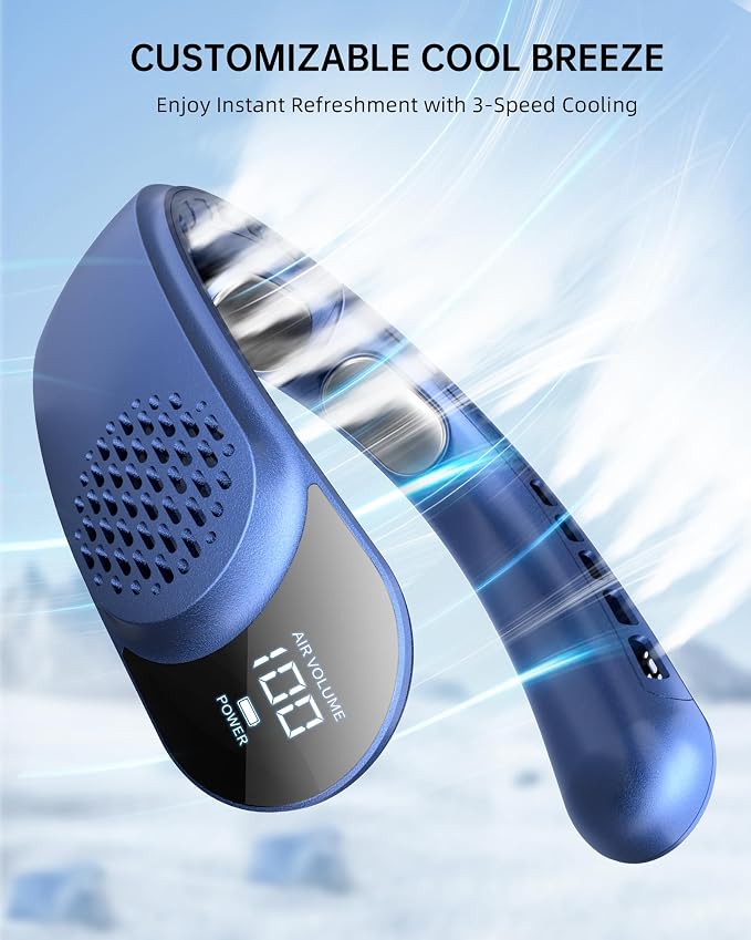 FrSara Portable Neck Fan Rechargeable, Neck Fans that Blow Cold Air, Personal Neck Cooler with 4000mAh, LED Display, 3 Speeds, USB TYPE-C, Ideal Gift for Women, Travel, Men, Sports, Denim