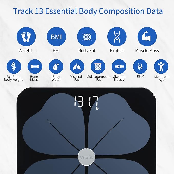 Vitafit Smart Body Fat Weight Scale for Body Composition Monitors, Weighing Professional Since 2001, Digital Wireless Bathroom Scale for BMI Fat Water Muscle with App,400lb, Black