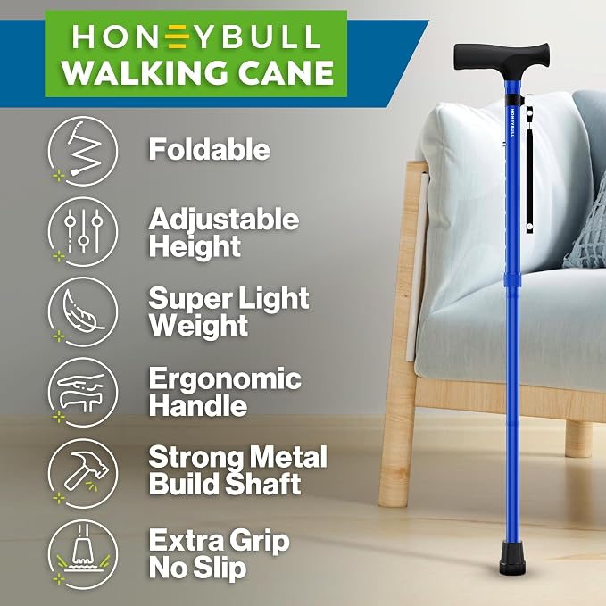 HoneyBull Walking Cane | Single Tip Canes for Men & Women, Foldable, Adjustable, Heavy Duty Up to 250 Pounds, Walking Canes for Seniors
