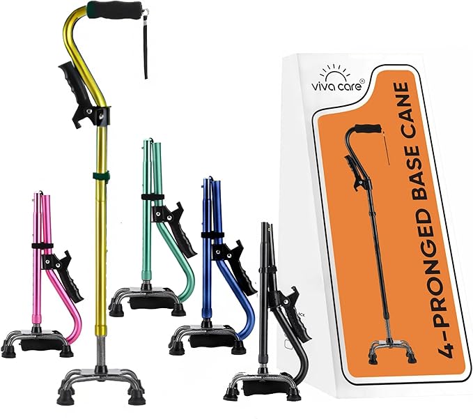 VIVA CARE Walking Cane with 4 Prongs and Extra Side Handle – Adjustable, for Balance & Stability for Adults, Seniors, and Injured.
