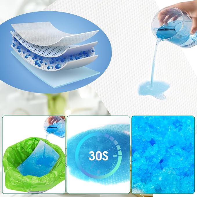 Commode Liners with Absorbent Pad, Universal Fit for Commode/Camping Toilet | 50Bags+50Pads, Leakproof, Drawstring Closure for Easy Disposal, 1000ml Absorbency, Versatile for Seniors Home Care, RV Trip