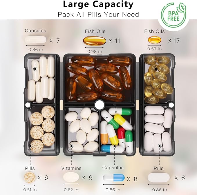 FYY Daily Pill Organizer, 7 Compartments Portable Pill Case Travel Pill Organizer,[Folding Design] Pill Box for Purse Pocket to Hold Vitamins,Cod Liver Oil,Supplements and Medication-Clear Black