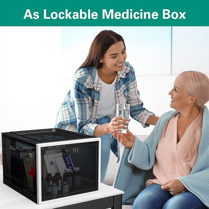 Large Medication Lock Box with Code, Clear Lockable Storage Box for Refrigerator, Cabinet & Dorm, Stackable Medicine Box for Prescriptions, Snacks, Phone, 11.9" x 9.3" x 7.6", Black