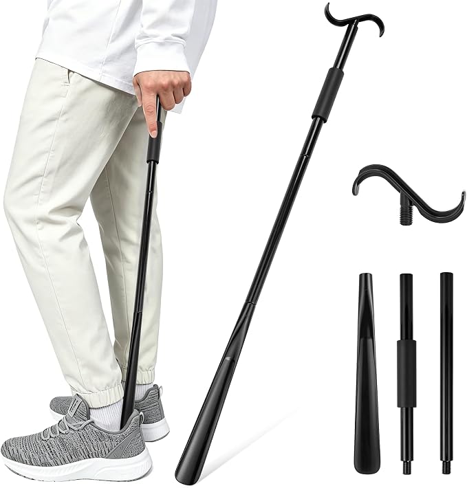 Shoe Horn Long Handle, Dressing Stick with S-Hook, 24-35 Inch Extendable Dressing Aid for Elderly, Disabled, Arthritis, Pregnant Women, No Bending Required (Black)