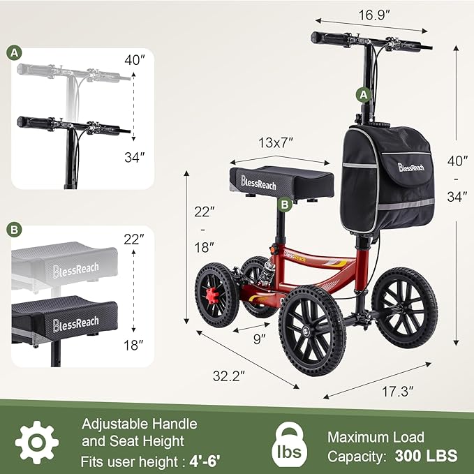 Knee Scooter, 300lbs Capacity, 13" Big PU Seat, Disc Brake Knee Walker, All Terrain Foldable Knee Scooter Walker with Bag for Foot Injuries Compact Crutches Alternative (Burgundy)