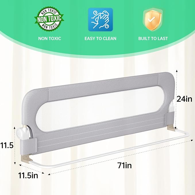 UPGOGO Folding Bed Rail for Toddlers, Grey, 71" L x 23.6" H | U-shaped base，Reinforced Anchors, Built-in Sponge , Secure lock
