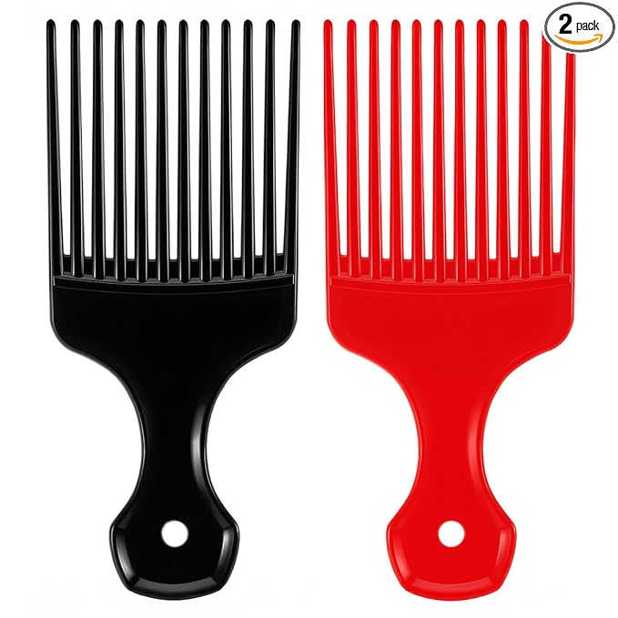 SIMPOR 2 Pcs Hair Pick Comb Wide Tooth Lift for Hair Styling Detangling, Plastic Afro Pick for Women Men, Fist Picks for Curly and Afro Hair (Black, Red)