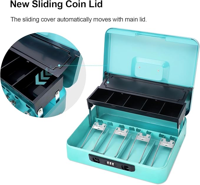 Jssmst Cash Box with Sliding Coin Lid and Snap Latch Combination Lock - Portable Cash Box with Money Tray and Lock, Secure Locking Money Box for Cash Organizer, 11.8L x 9.5W x 3.5H Inches, Light Blue