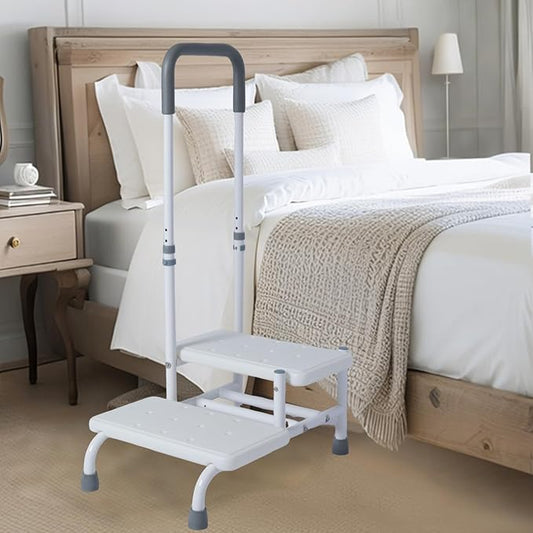 2 Step Stool with Handle for Elderly, Bed Steps for High Beds for Adults, Non Slip Platform and Adjustable Handrail, for Kitchen Bathroom RV Bathtub, Assist Rail for Elderly, Seniors, Hold up to350LBS