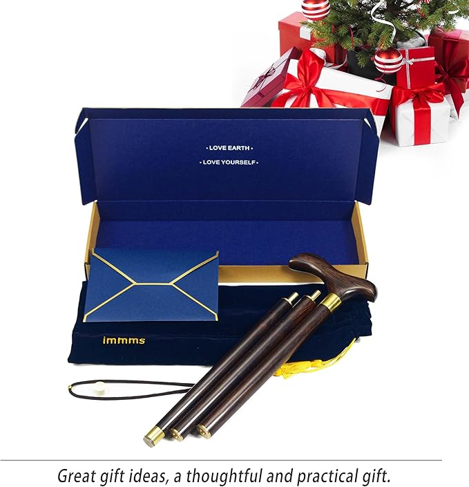 Folding Wooden Walking Cane for Men – 3-Piece Solid Wood Walking Stick with Brass Joints, Portable Travel Cane with Carry Bag, Wrist Strap & Gift Box