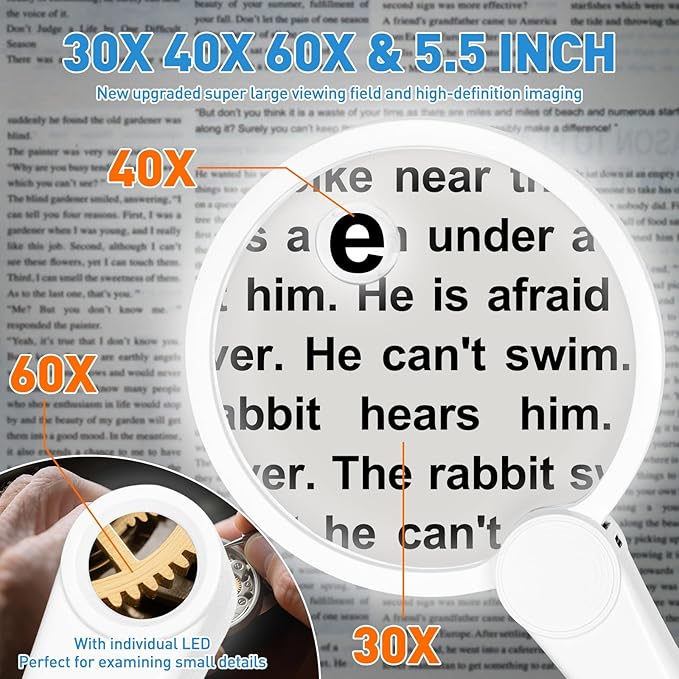 5.2 Inch Large Rechargeable Magnifier with Light, 30X 40X 60X Loupe Handheld Magnifying Glass with 49 Anti-Flicker LED Light, Third Gear Dimming Lighted Magnifier for Low Vision Coin Inspection