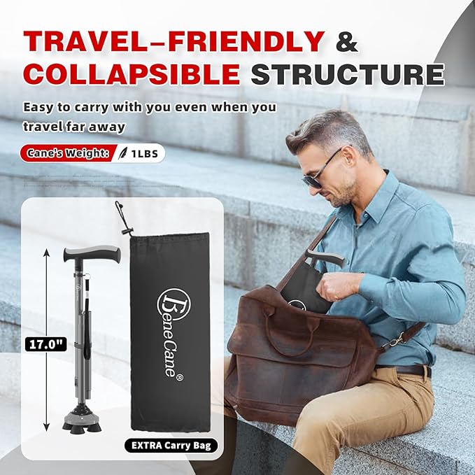 BeneCane Walking Cane for Men & Women Walking Stick for Seniors Folding Canes Quad Cane Adjustable Lightweight Sturdy Collapsible Heavy Duty with Soft TPR T-Handle and Travel Bag