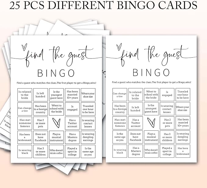 Bridal Shower Bingo, 25Pcs Prefilled Find the Guest Bingo Game Cards, Engagement Party Games for Guests, Minimalist White Wedding Party Supplies - A19