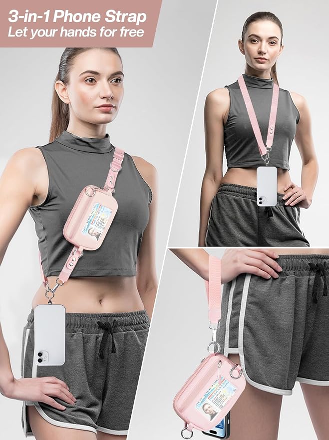Tiostep Clip and Go Strap for Phone with Wallet Crossbody Phone Lanyard Adjustable and Detachable RFID Wristlet Wallet (Pink, Medium)