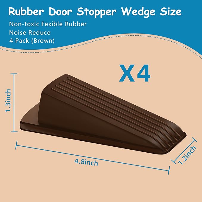 4 Pack Premium Rubber Door Stoppers Wedge, Door Stops for Carpet Heavy Duty Door, for Bottom of Door on Tile, Concrete, Carpet, Wooden Floor (Brown)