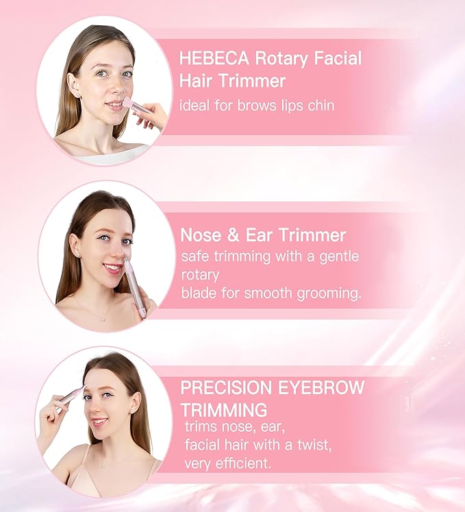 HEBECA Nose Hair Trimmer for Women 3in1 Facial Hair Removal Trimmer - Metal Body, Rechargeable, Waterproof, Portable - Nose, Ear, Eyebrow, Peach-Fuzz, Lips, Chin (Pink)