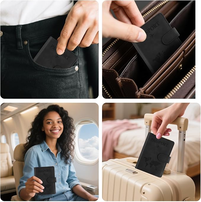 Passport Holder for Travel Essentials, Black Leather Passport Cover, Passport Wallet Holders for Women Men Family Travel Gifts Must Have Accessories, Credit Card Cash Air Ticket Storage Supplies