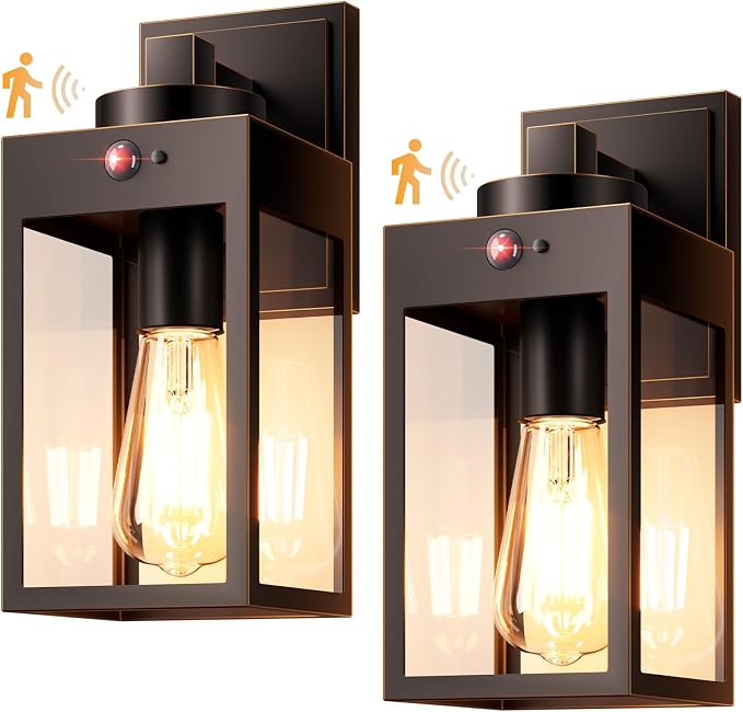 Gleamz Motion Sensor Outdoor Garage Lighting Fixture, Anti-Rust, Waterproof | Bronze Exterior Porch Lights Wall Mount with Gold Trim, Outdoor Wall Lantern for House, Front Door, Easy to Install, 2-Pack