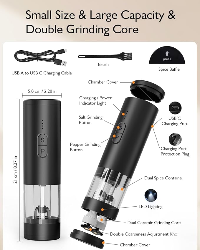 Electric Salt and Pepper Grinder Set, 2 in 1 Dual Bins USB Rechargeable Refillable Automatic Salt and Pepper Mill Shaker with LED Light, Dual Ceramic Grinder Adjustable Coarseness, kitchen gift, Black